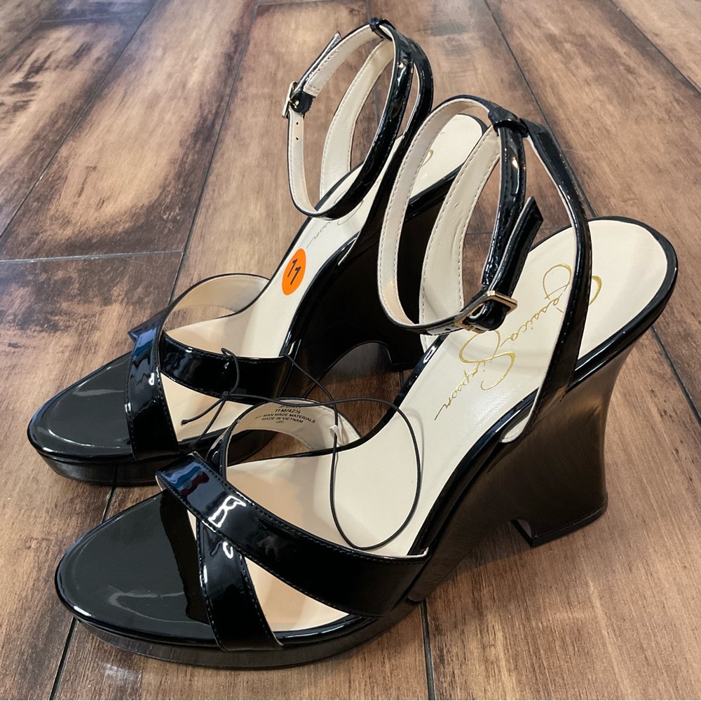 Jessica Simpson Glossy Black Platform Wedge 11 Dressy Strappy Sandal